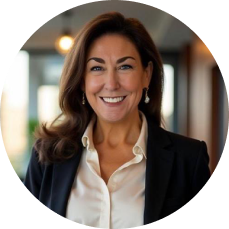 Shannon Finn Connell with long brown hair wearing a black suit and white button down shirt. Background is blurred with soft, indoor lighting.